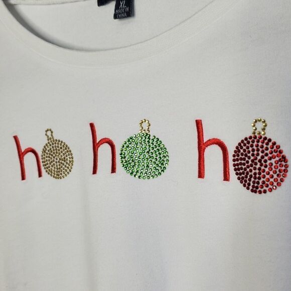 Cate XL Long Sleeve Shiry White Christmas Santa Ho Ho Ho Rhinestone Embellished - Picture 5 of 9